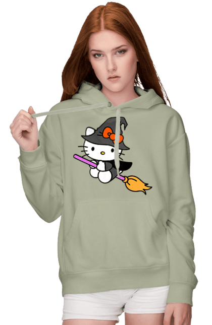 Women's hoodie with prints Hello Kitty Halloween. Brand, cat, character, halloween, hello kitty, kitten, kitty, witch. 2070702