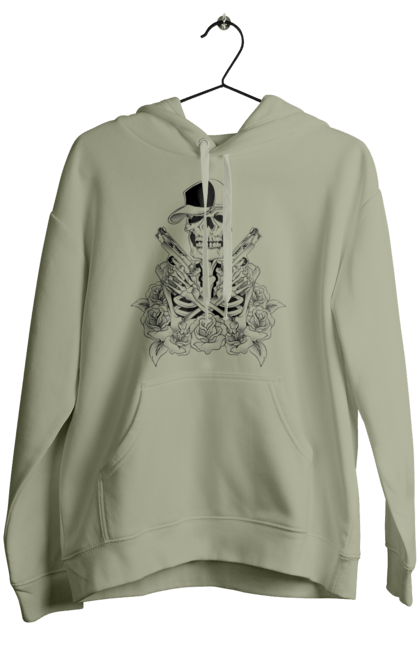 Women's hoodie with prints Skeleton with pistols. Black and white, bones, cap, gun, roses, scull, skeleton, teeth. 2070702