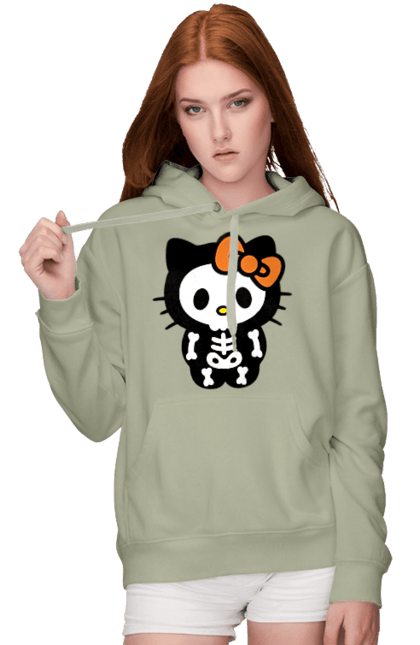 Женское худи с принтом Хелло Китти Хэллоуин. Halloween, hello kitty, zombie, бренд, зомби, котенок, персонаж, скелет, хелло китти, хэллоуин. 2070702