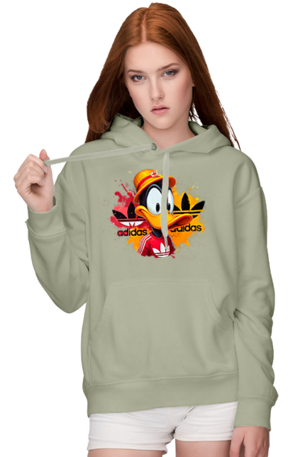 Женское худи с принтом Даффи Дак Adidas. Adidas, daffy duck, looney tunes, merrie melodies, warner brothers, даффи дак, мультфильм, персонаж, утка даффи. 2070702