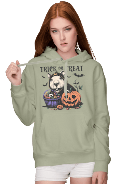 Women's hoodie with prints Capybara Halloween. Animal, capybara, halloween, holiday, moon, pumpkin, rodent. 2070702