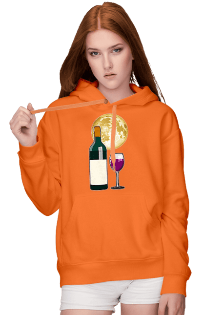 Жіноче худі з принтом "Червоне вино під Місяцем". Алкоголь, вино, диск, келих, коло, місяць, ніч, пляшка, романтика, світло, скло, чарка, червоне вино. ART принт на футболках