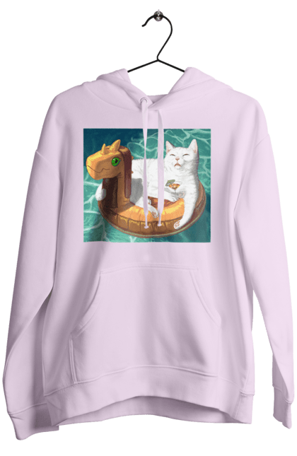 Жіноче худі з принтом "Білий кіт у плавальному колі, на відпочинку". Басейн, відпочинок, кіт, коктейль, море, плавальний круг. 2070702