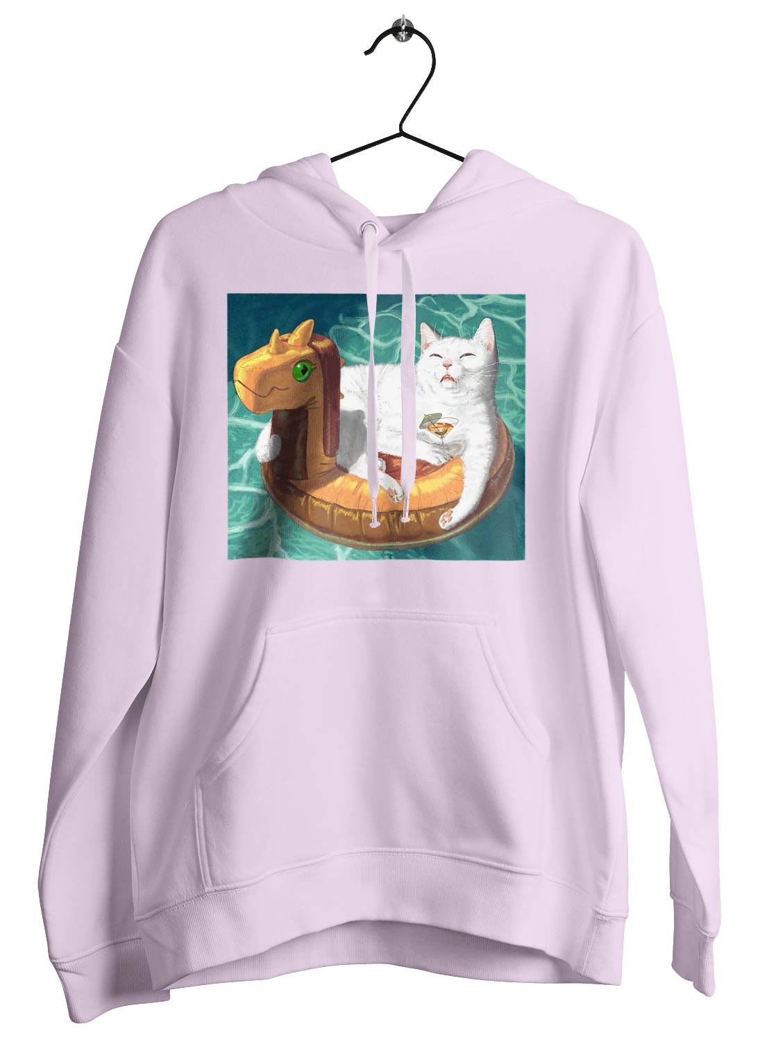 Білий кіт у плавальному колі, на відпочинку