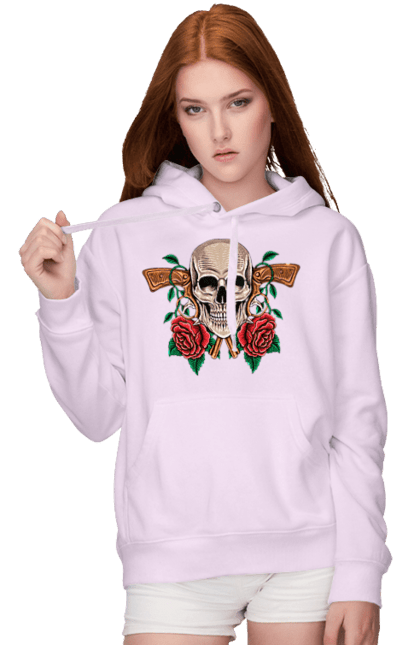 Women's hoodie with prints Skull with roses. Bones, eyes, flowers, gun, leaves, rose flower, scull, spikes, teeth. 2070702