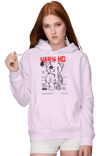 Women's hoodie with prints Robot bear. Attention, bear, details, robot, toy, warning. 2070702