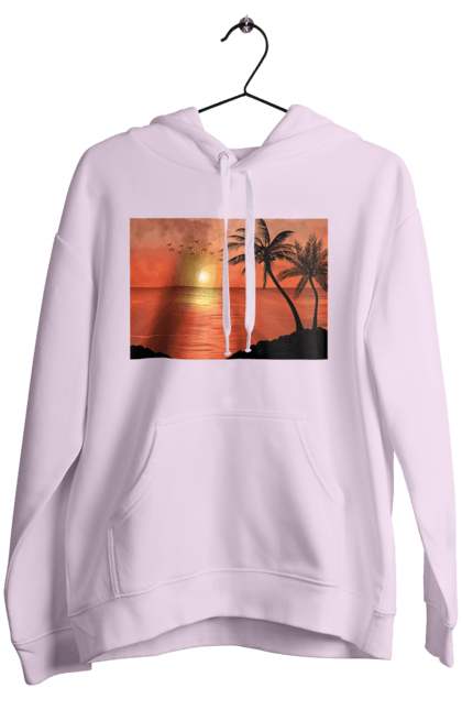 Women`s hoodie with prints West Palm Sea. Palm trees, sea, shore. 2070702