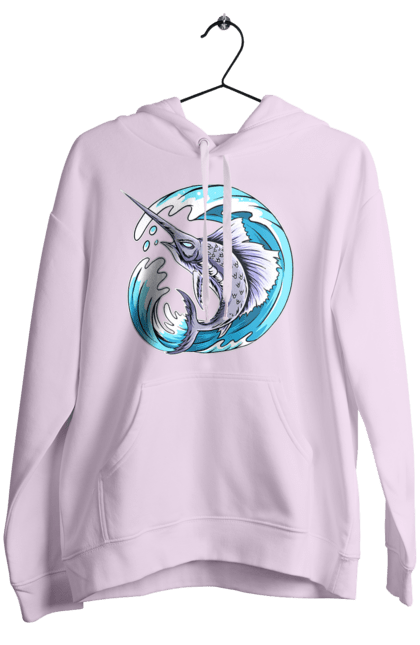 Women`s hoodie with prints Fish Sword And Wave. Swordfish, wave. 2070702
