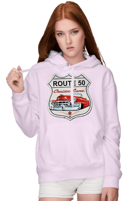 Women`s hoodie with prints Route 50. Bike, biker, biker club, bikers club, brother, brutal, dude, hot asphalt, hot horse, hot rod, motorcycle, motorcyclist, real man, road 50, road 66, road 80, roads of america, roads of ukraine, roads we choose, speed, take, thirst for speed. 2070702