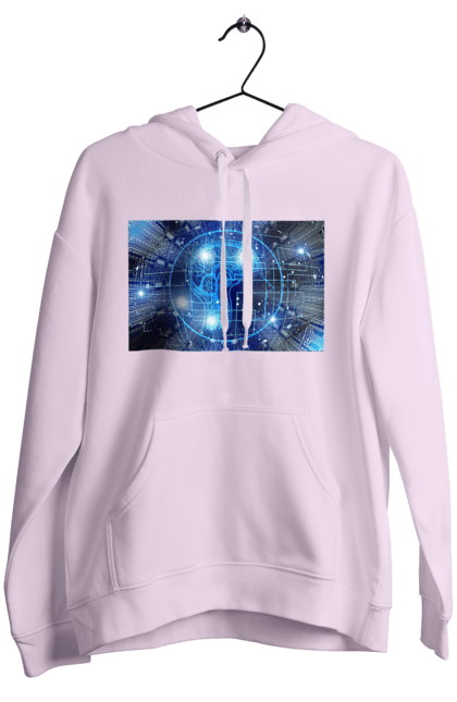 Women`s hoodie with prints Artificial intelligence. Artificial intelligence, brain, chip, code, comp, computer, crystal, cyber, cybernetics, cyborg, developer, engineer, geek, hacker, intelligence, it, it specialist, knowledge, machine learning, mind, portrait, profession, professional, programmer. 2070702