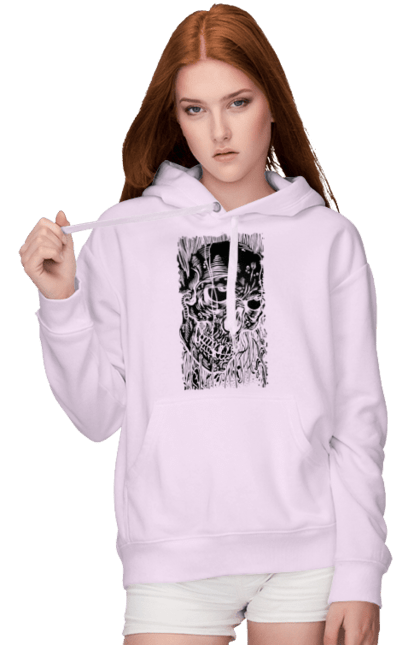 Women's hoodie with prints Skull. Black and white, bones, eyes, scull, teeth, worms. 2070702