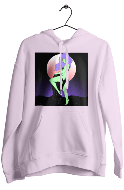 Women`s hoodie with prints Green Girl And The Moon. Alien, moon. 2070702