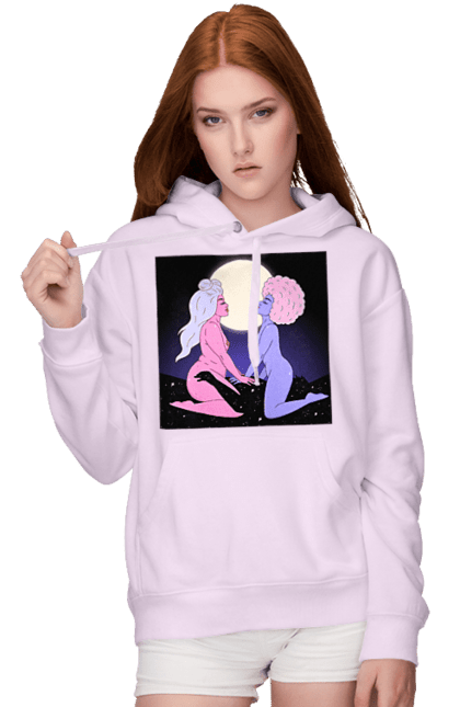 Жіноче худі з принтом "Дві Інопланетянки І Місяць". Дівчата, зверху, інопланетянки. 2070702