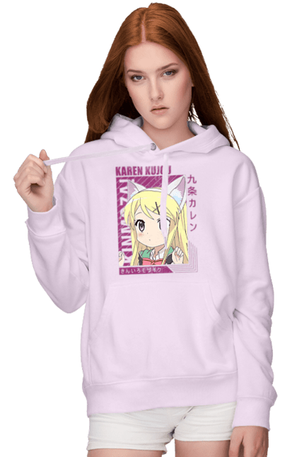 Women's hoodie with prints Kiniro Mosaic Karen Kujo. Anime, gold mosaic, karen, karen kujo, kiniro mosaic, kinmoza, manga. 2070702