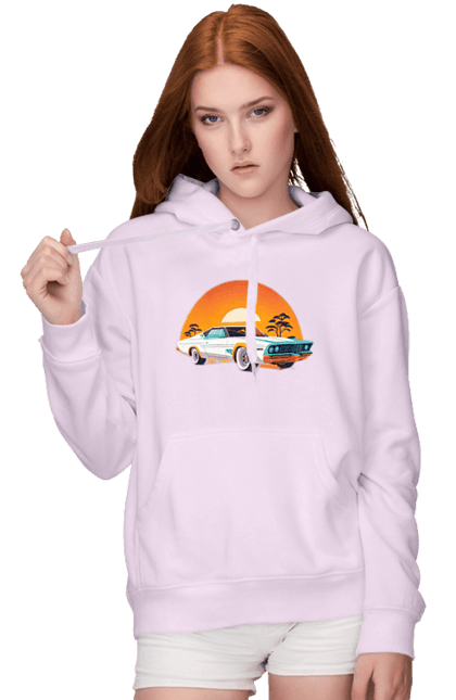 Women`s hoodie with prints Beautiful car at sunset. Auto, decline, sun. 2070702