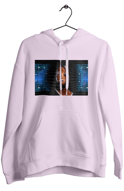 Women`s hoodie with prints Artificial Intelligence. Artificial intelligence, brain, chip, code, comp, computer, crystal, cyber, cybernetics, cyborg, developer, engineer, geek, glows, hacker, intelligence, it, it specialist, knowledge, light, luminous, machine learning, microcircuit, mind, portrait, profession, professional, programmer, woman. 2070702