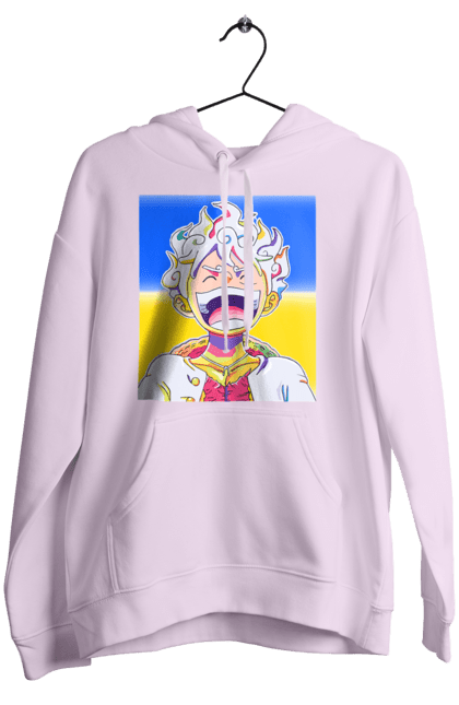 Жіноче худі з принтом "Монкі д Луффі сміється на жовто блактному фоні". Ван піс, луффі, монкі д. луффі, прапор україни, символ україни, україна. 2070702