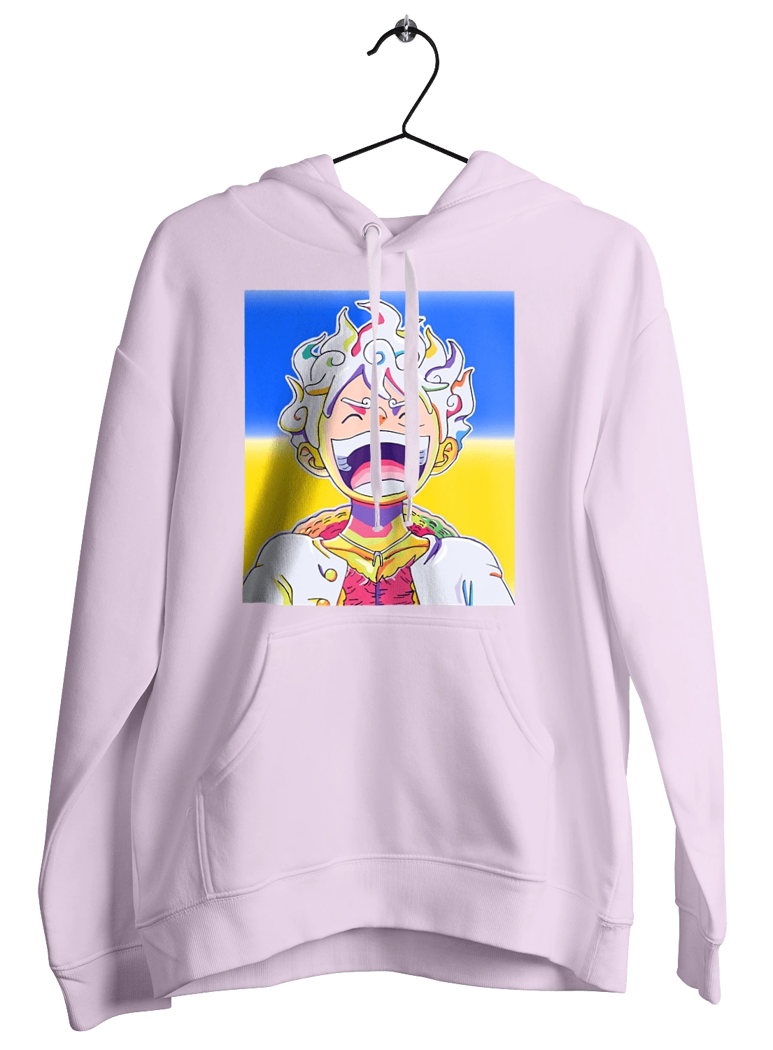 Monkey D Luffy laughing on a yellow blue background