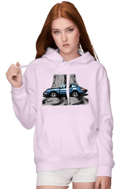 Жіноче худі з принтом "Спортивний Автомобіль На Дорозі". Автомобіль, гонки, синій, спортиного, швидкий, швидкісний. 2070702