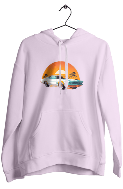 Women`s hoodie with prints Beautiful car at sunset. Auto, decline, sun. 2070702