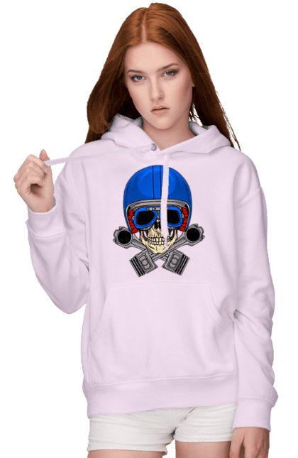 Жіноче худі з принтом "череп мотолюбитель". Байкер, окуляри, череп, шолом. 2070702