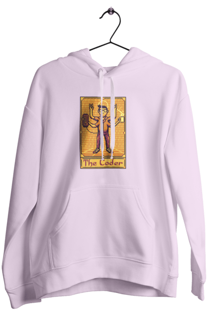 Женское худи с принтом Карта таро кодер. 404, andoid, aws, backend, c, cloud, css, data, dev, devops, frontend, geek, git, github, go, golang, google, hacker, html, ios, java, javascript, jquery, js, linux, nodejs, php, python, react, science, script, web, дата, карта, код, компьютер, линукс, облако, пайтон, пингфин, программирование, программист, талисман, таро, хакер, языки программирования. 2070702