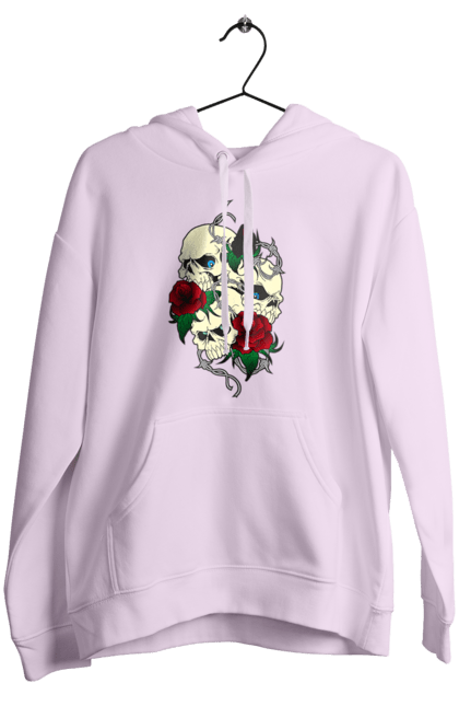 Women's hoodie with prints Skulls with roses. Bones, eyes, flowers, leaves, rose flower, roses, scull, spikes, teeth. 2070702