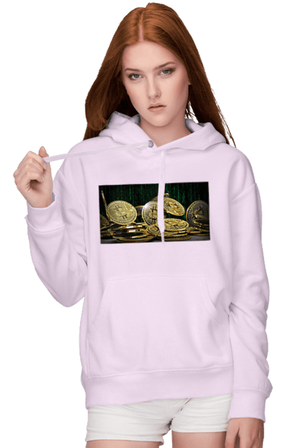 Women`s hoodie with prints Bitcoin. Bitcoin, coin, cryptocurrency, currency, digital world, luxury, matrix, mining, money, wealth, well. 2070702