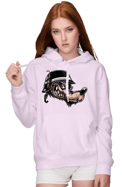 Women`s hoodie with prints Wolf Biker. Bike, biker, cartoon, cartoony, competition, enthusiasm, helmet, hobby, moto, motor, motorbike, motorcyclist, smile, smirk, sport, style, stylish, teeth, wolf. 2070702