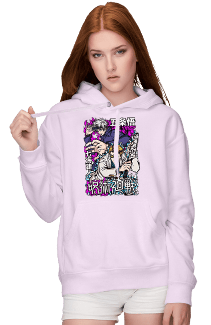 Women's hoodie with prints Jujutsu Kaisen Nanami and Gojo. Anime, dark fantasy, gojo, jujutsu kaisen, magic battle, manga, mystic, nanami, nanami kento. 2070702