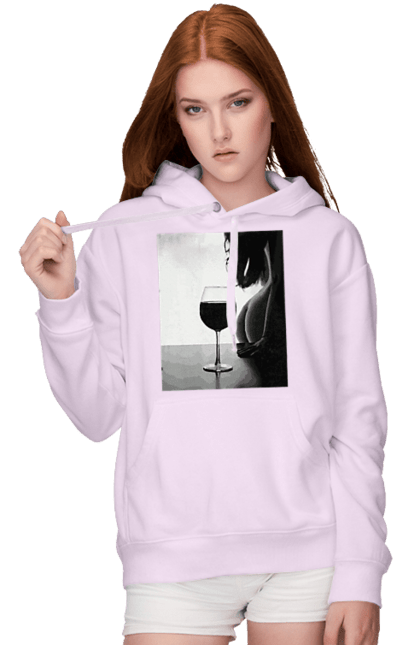 Women`s hoodie with prints A glass of wine. Expectation, friday again, grace, woman`s body. 2070702
