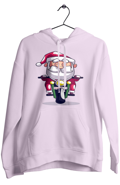 Women`s hoodie with prints Happy Santa on a motorcycle. 2022, christmas, motorcycle, new year, santa, santa claus, snow, winter. 2070702