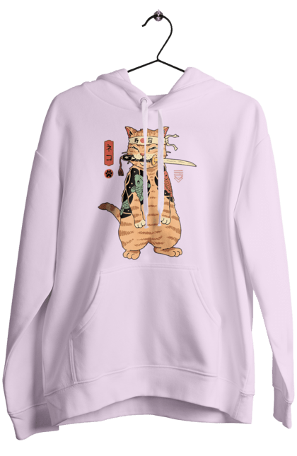 Жіноче худі з принтом "Кіт зинжалом в зубах". Карате, кинжал, китайський кіт, кіт, самурай, шабля, японський кіт. ART принт на футболках