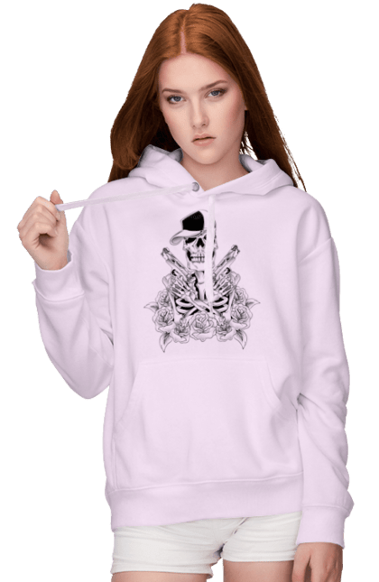 Women's hoodie with prints Skeleton with pistols. Black and white, bones, cap, gun, roses, scull, skeleton, teeth. 2070702