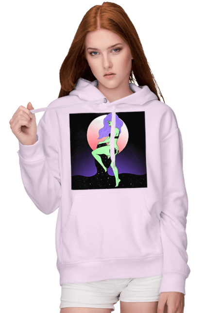 Women`s hoodie with prints Green Girl And The Moon. Alien, moon. 2070702