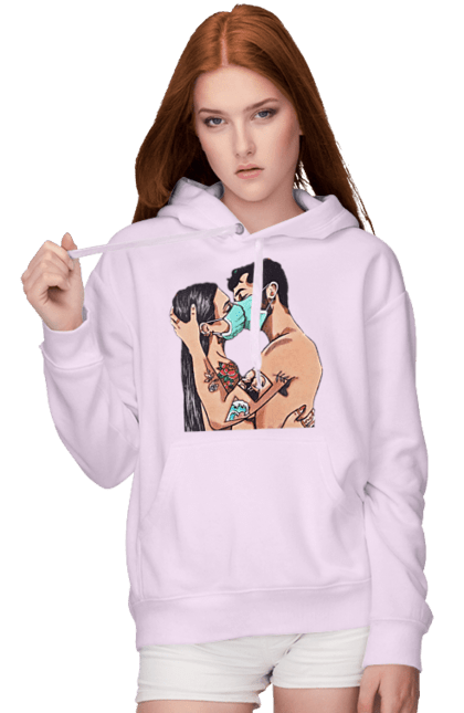 Women`s hoodie with prints Coronavirus Love. Coronavirus, kiss, love, mask, quarantine. 2070702