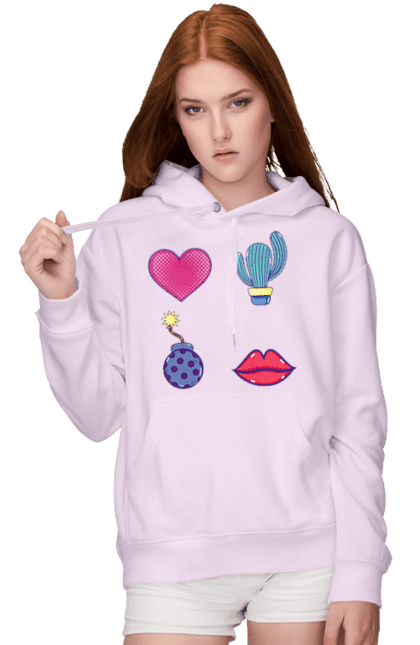 Women`s hoodie with prints Heart, Cactus, Bomb, Lips. Bomb, cactus, lips. 2070702
