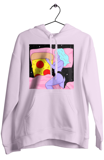 Women`s hoodie with prints Purple Girl And Pizza. Bed, girl, pizza. 2070702