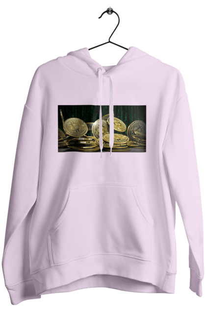 Women`s hoodie with prints Bitcoin. Bitcoin, coin, cryptocurrency, currency, digital world, luxury, matrix, mining, money, wealth, well. 2070702