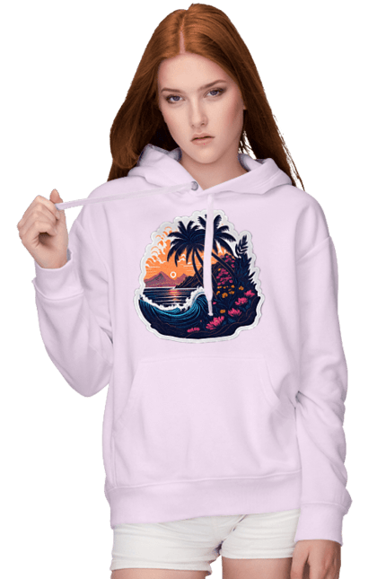Жіноче худі з принтом "Дивовижна пальма біля моря на закаті сонця". Закат сонця, море, пальма. CustomPrint.market