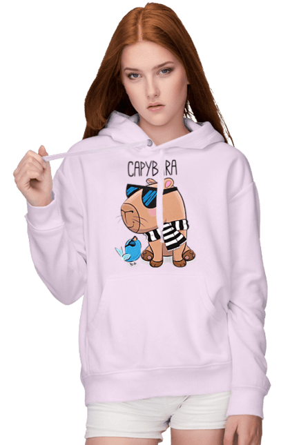Women`s hoodie with prints Stylish Capybara. Animal, bird, capybara, fashionable capybara, glasses, mood, striped scarf, stylish capybara, sunglasses. 2070702