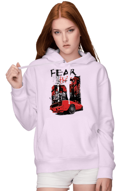 Women`s hoodie with prints Red Car In The City. Riding, town. 2070702