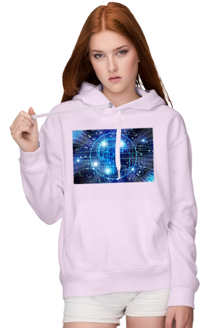 Women`s hoodie with prints Artificial intelligence. Artificial intelligence, brain, chip, code, comp, computer, crystal, cyber, cybernetics, cyborg, developer, engineer, geek, hacker, intelligence, it, it specialist, knowledge, machine learning, mind, portrait, profession, professional, programmer. 2070702