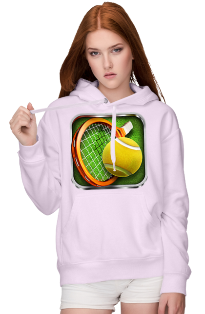 Women`s hoodie with prints Tennis. Ball, ground tournament, london, players, prize fund, racket, sponsor, tennis, tournament grid. 2070702