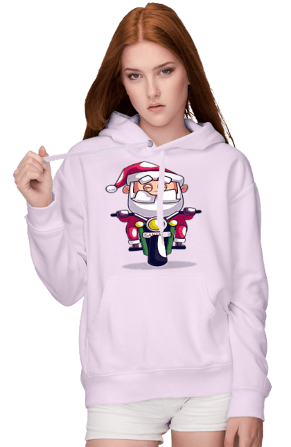 Women`s hoodie with prints Happy Santa on a motorcycle. 2022, christmas, motorcycle, new year, santa, santa claus, snow, winter. 2070702