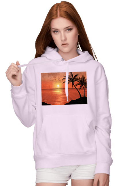 Women`s hoodie with prints West Palm Sea. Palm trees, sea, shore. 2070702