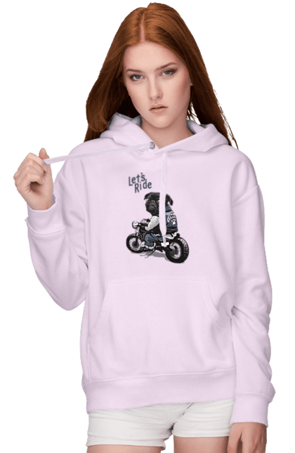 Women`s hoodie with prints Pug on a motorcycle. Animals, biker, dog, motorbike, pug. 2070702