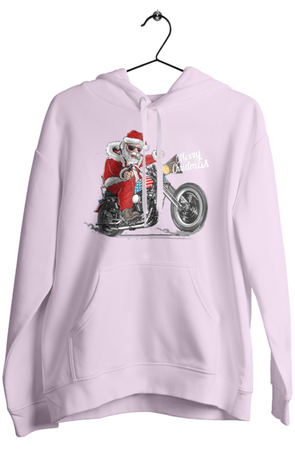 Жіноче худі з принтом "Санта в окулярах на мотоциклі". Байкер, дід мороз, зима, мотоцикл, новий рік, різдво, санта, санта клаус, сніг, щасливого різдва. 2070702