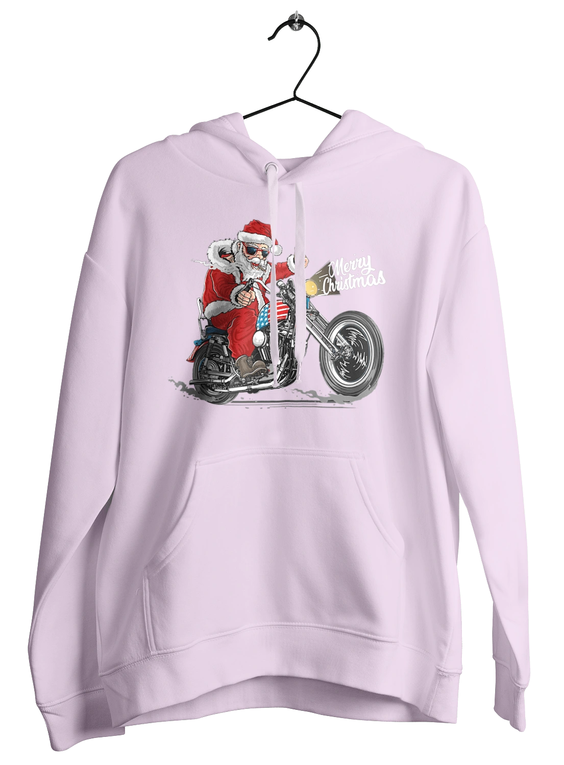 Santa in glasses on a motorcycle