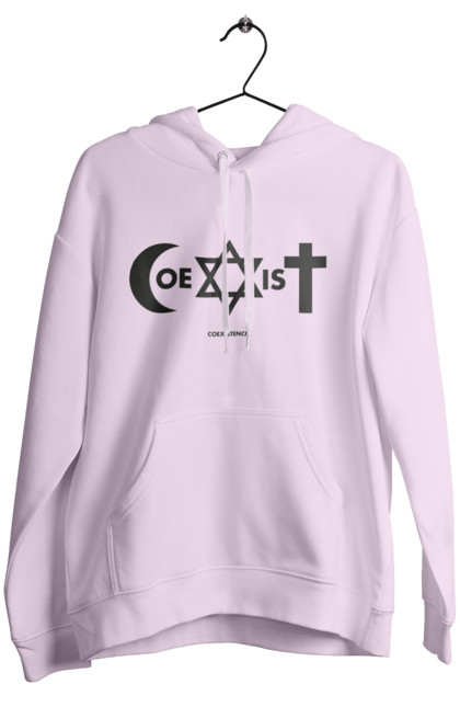 Жіноче худі з принтом "Coexist". Coexist, іслам, іудаїзм, міжрелігійний діалог, релігія, рівність, символи віри, толерантність, християнство. 2070702